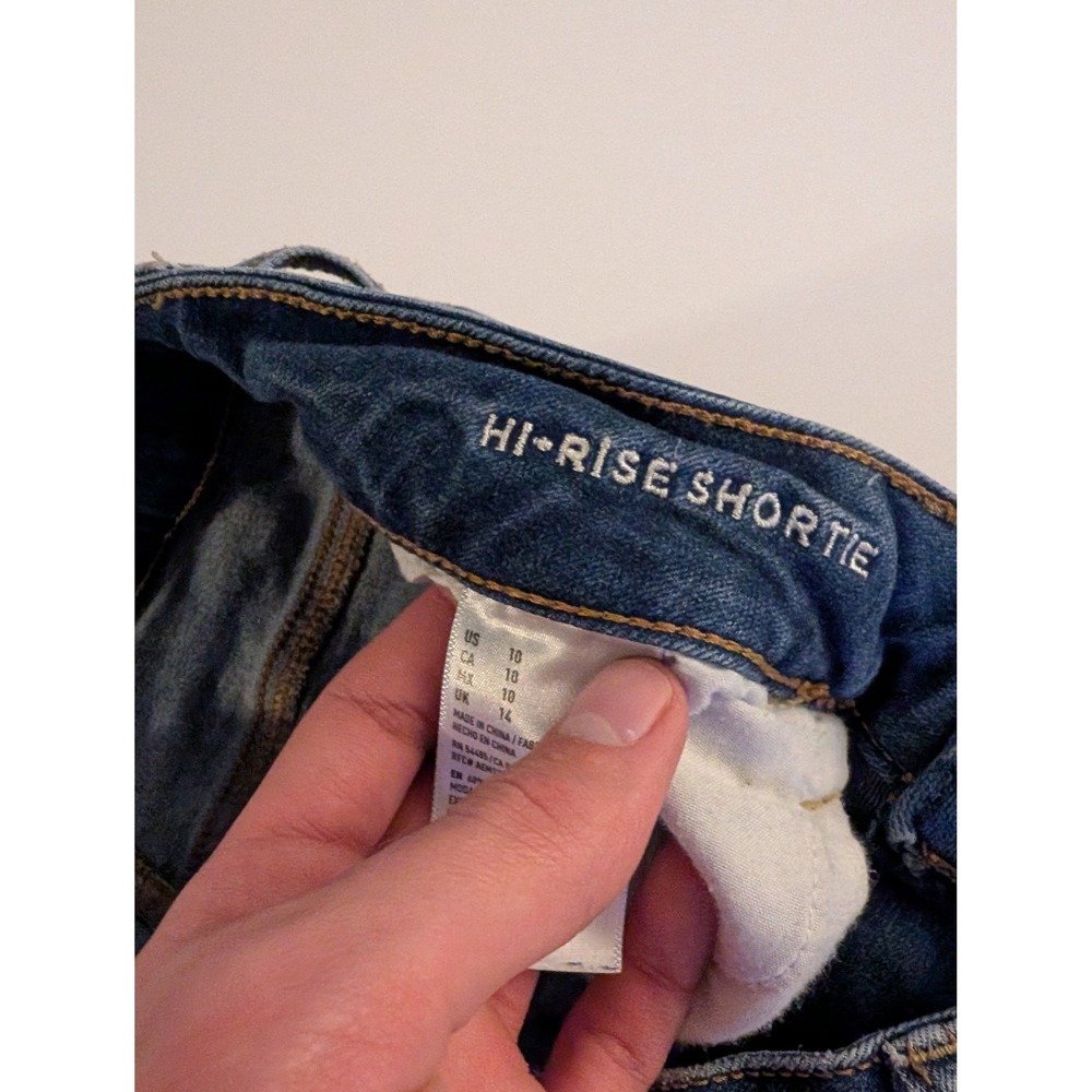 American Eagle Size 10 Hi-Rise Shortie Distressed Denim Shorts Blue Stretch - Picture 5 of 9